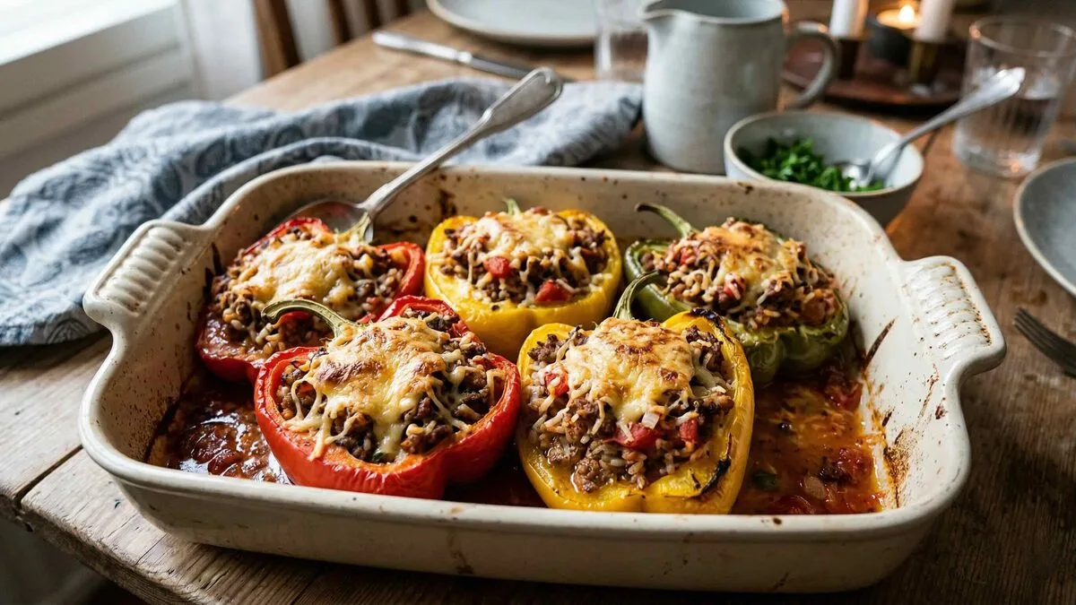 Täytetyt paprikat uunissa – helppo arkiruoka jauhelihalla